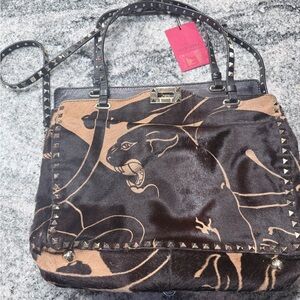 Valentino Black and Tan Rockstud Panther Tote